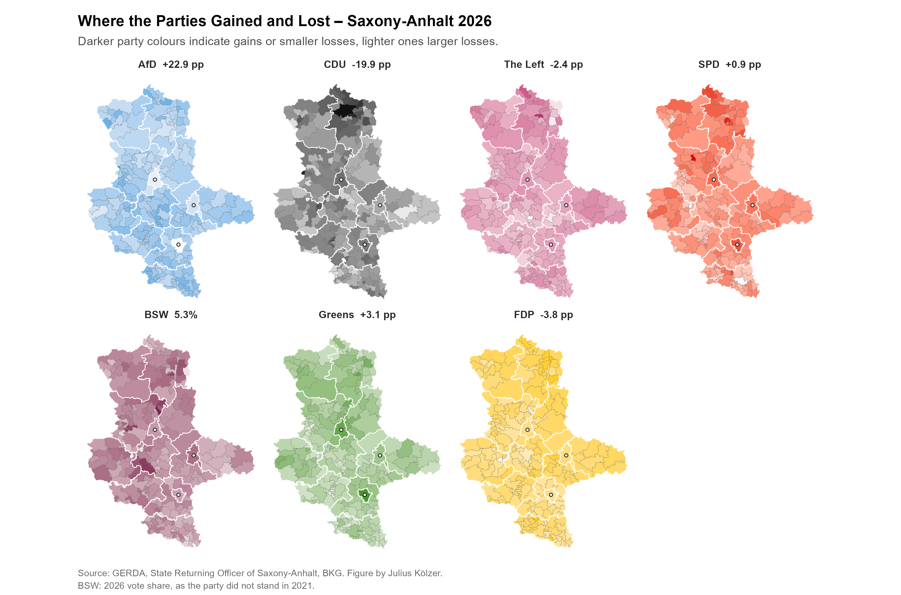 Facetted maps: change in vote share by party