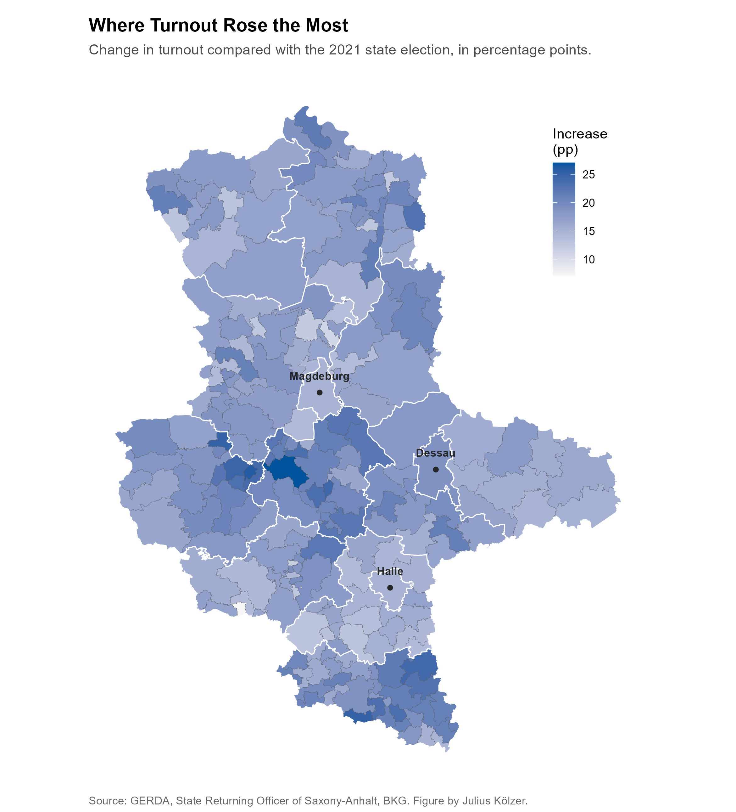 Map: increase in turnout in percentage points by municipality