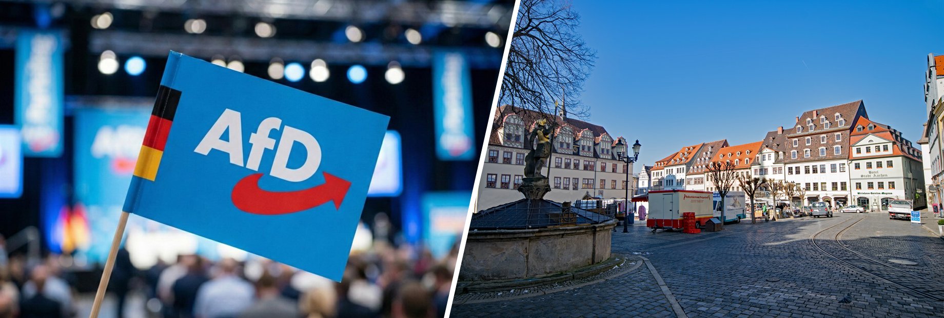 Bildmontage: AfD-Fähnchen auf einem Parteitag (links), Marktplatz von Naumburg an der Saale (rechts)
