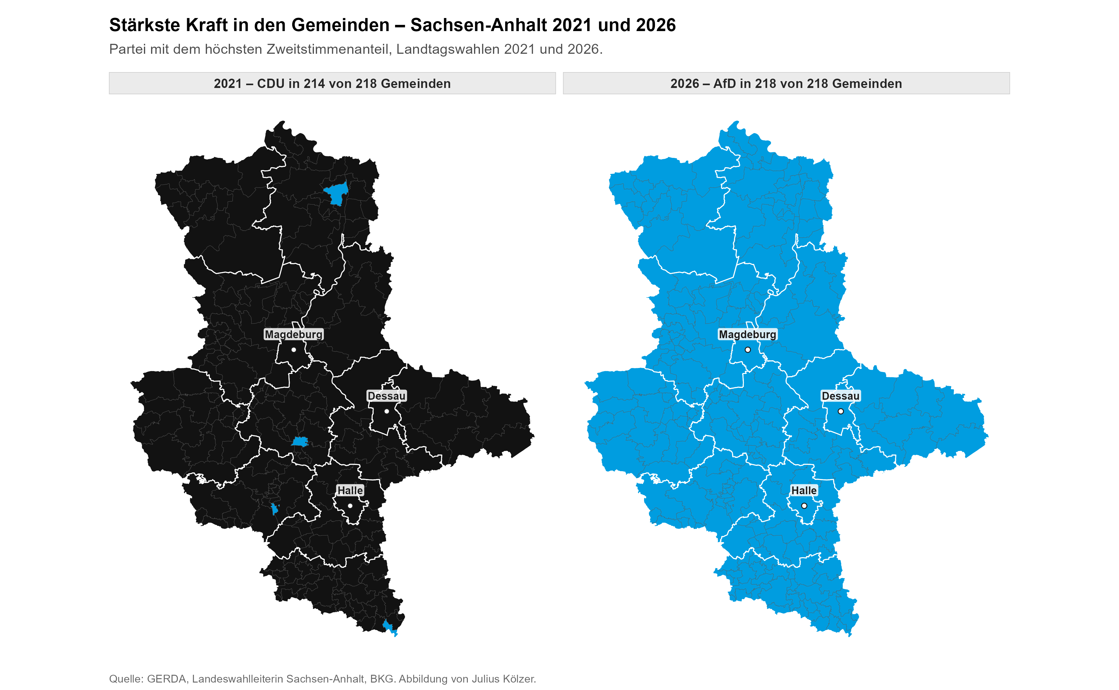 Zwei Karten: stärkste Kraft je Gemeinde 2021 und 2026