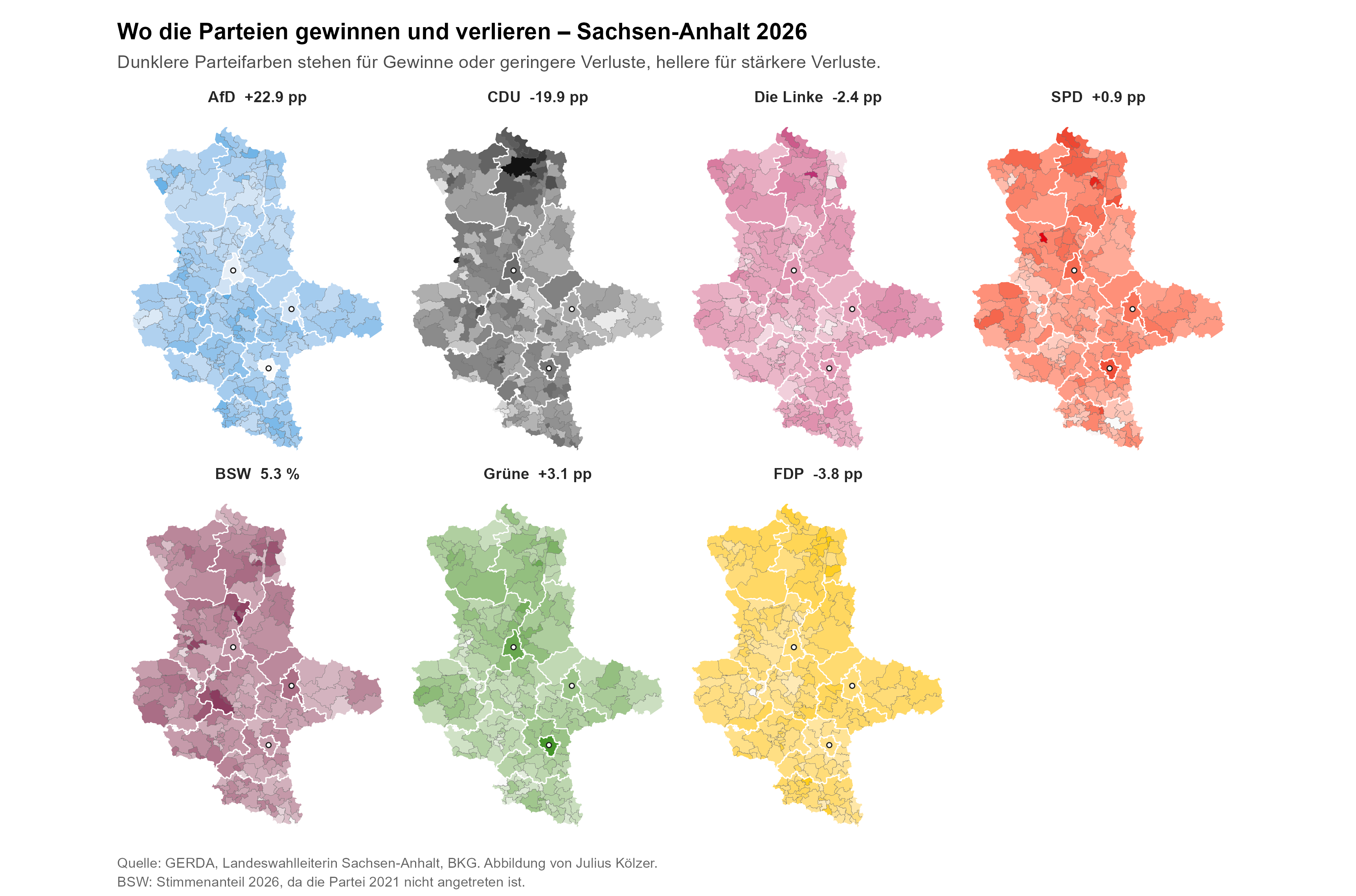 Facettierte Karten: Veränderung des Stimmenanteils je Partei