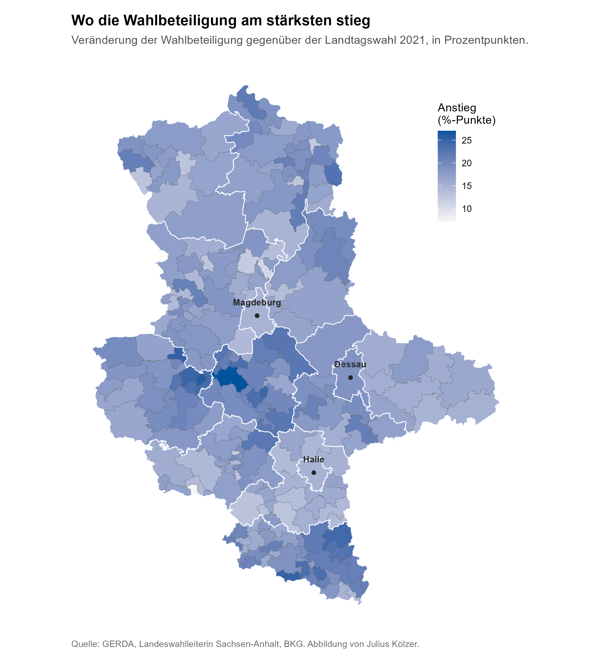 Karte: Anstieg der Wahlbeteiligung in Prozentpunkten je Gemeinde