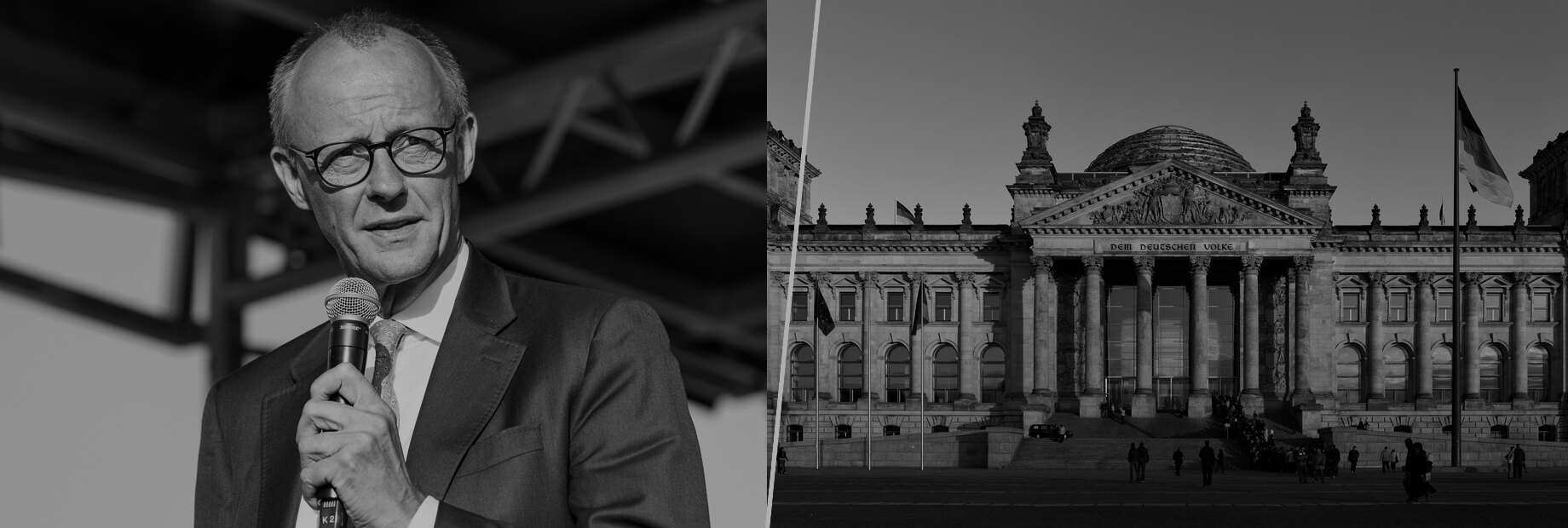 Schwarz-weiß-Montage: links Friedrich Merz mit Mikrofon bei einem Wahlkampfauftritt in Erfurt im August 2024, rechts die Westfassade des Reichstagsgebäudes in Berlin mit der Inschrift „Dem Deutschen Volke“
